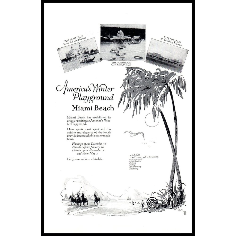 1924 Miami Beach Vacation Travel Vintage Print Ad Polo Nautilus Flamingo Hotel